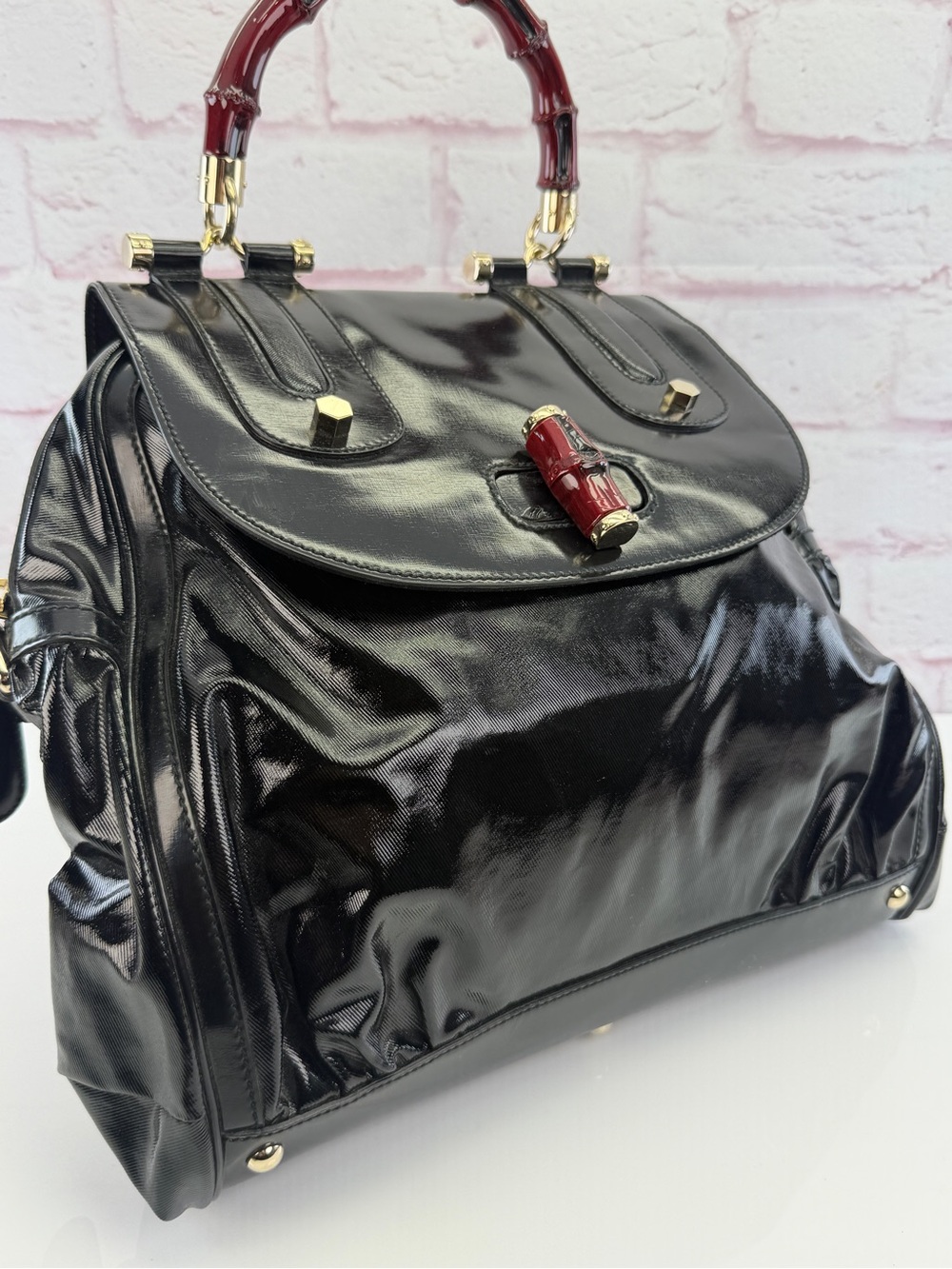 Gucci Black Dialux Red 'Pop' Bamboo Handle Bag - Picture 2 of 12